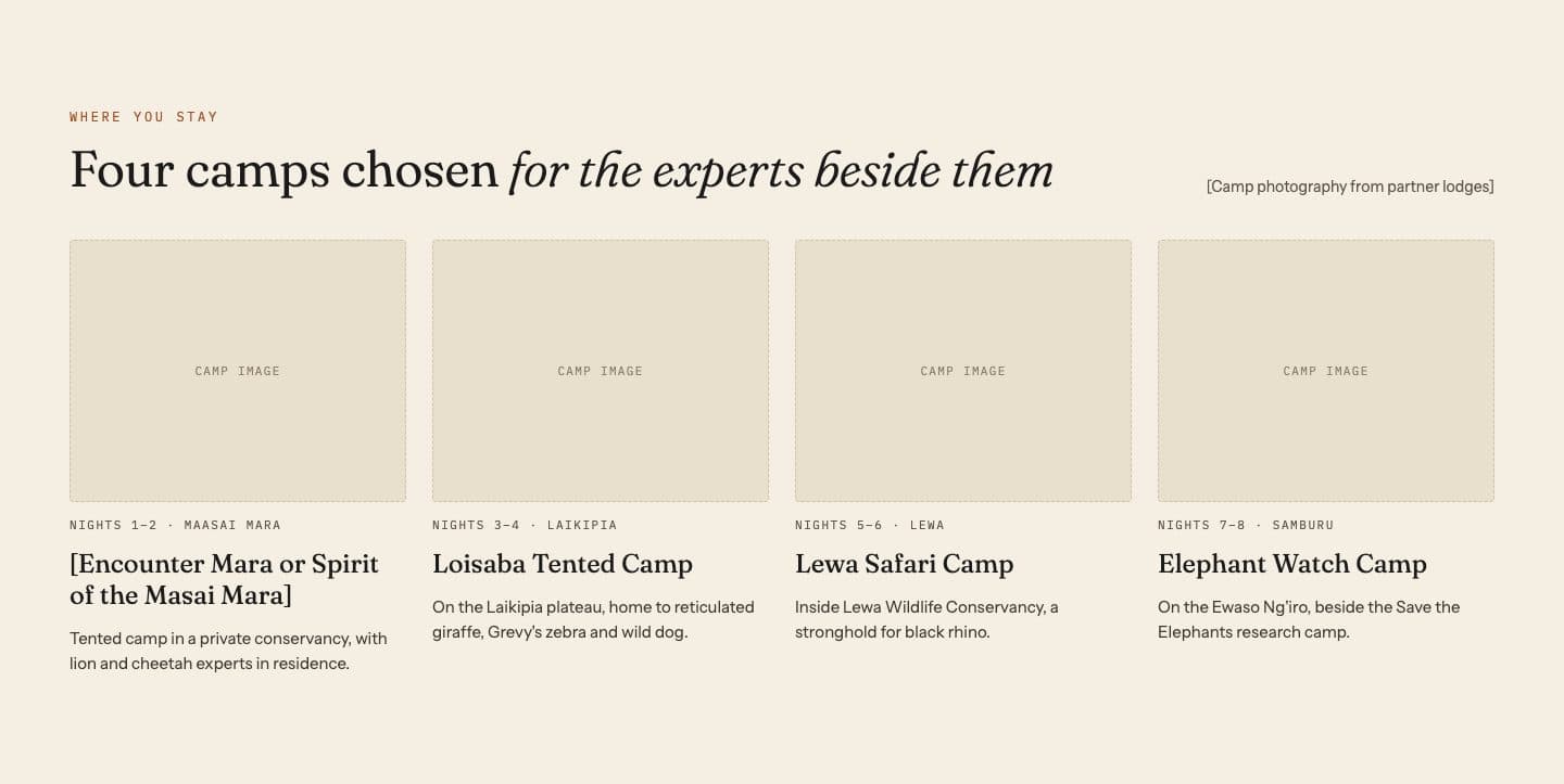 Four camp cards with image placeholders